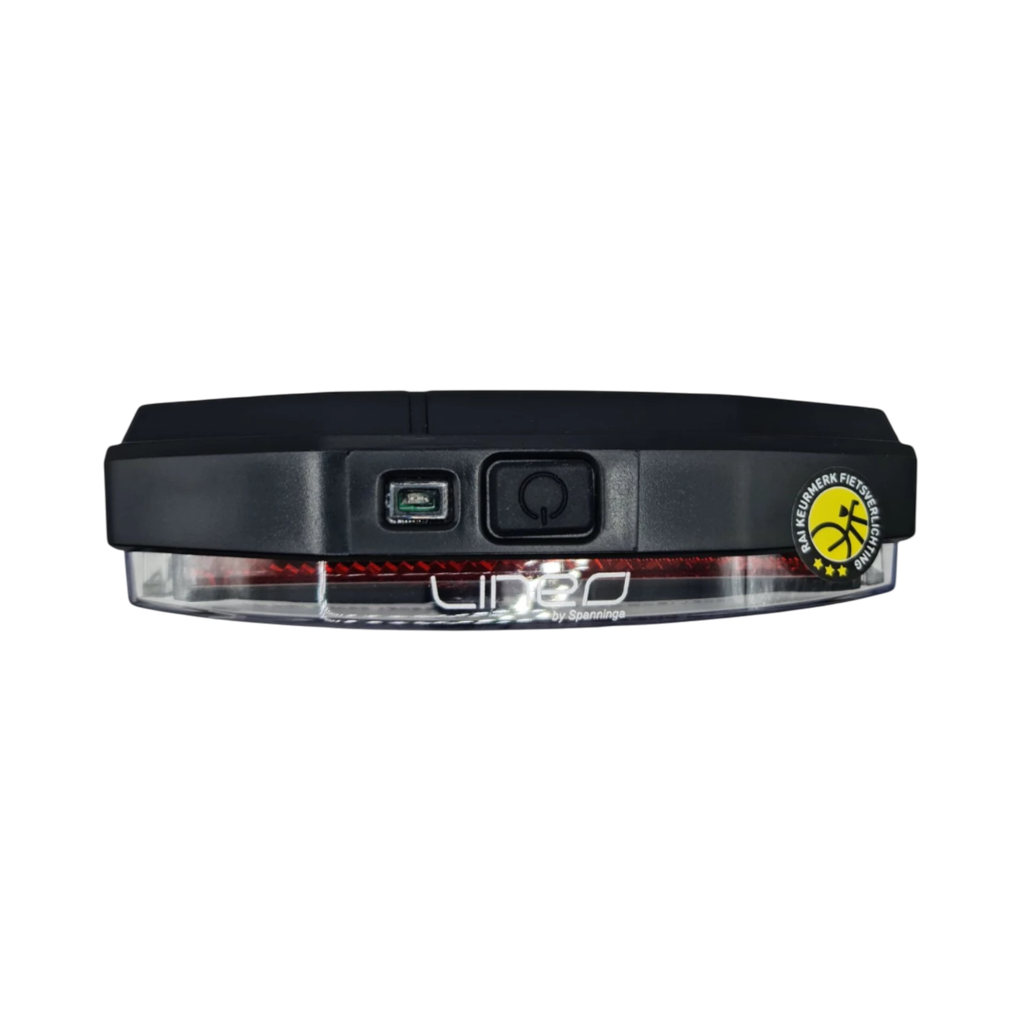 RYDERZ Spanninga Lineo XB battery-powered bicycle rear light with power button and RAI certification sticker